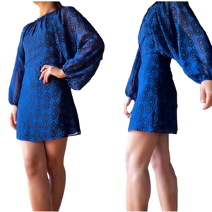 ZARA Royal Blue Black Pattern Mini Dress Long Sleeves Lined Sheer Edgy Vacation